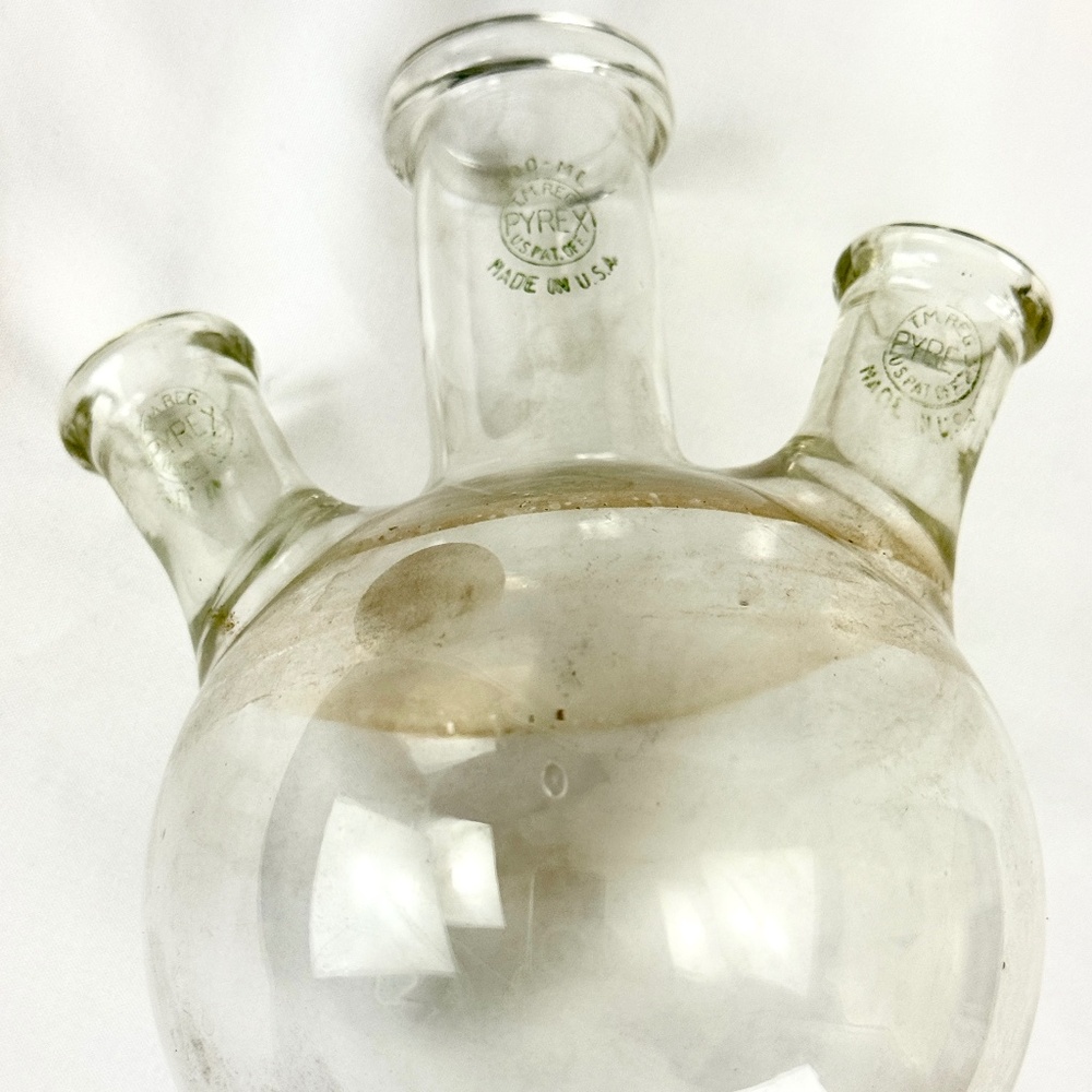1960s Pyrex Lab Glass 7 inch High Round Bottom Flask with 3 Necks Vase Excellent
